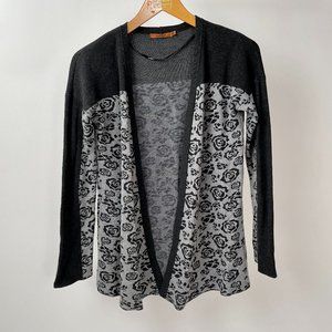 Belldini Two-Tone Grey Long Open Cardigan Sweater With Flower Motif, Size M